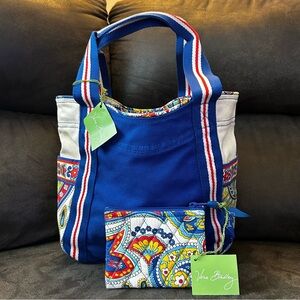 NWT Vera Bradley Small Colorblock Tote MARINA PAISLEY Canvas Bag & Coin Purse